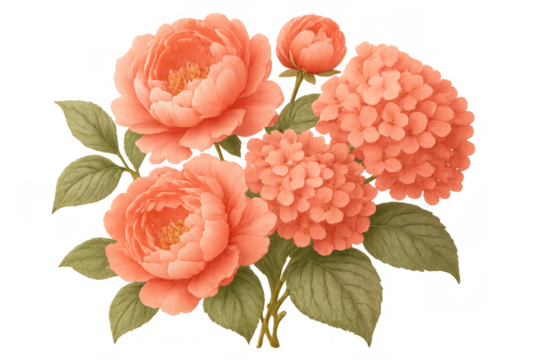 Peony and hydrangea bouquet illustration, creating a vintage botanical watercolor with delicate spring blooms - Powered by Adobe