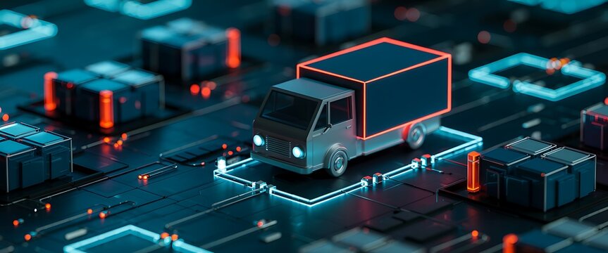 Futuristic autonomous delivery truck navigating a glowing neon digital city network for logistics and transportation
