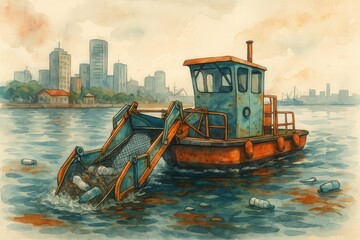Waterway Cleanup Vessel Navigates Urban Waters Using Advanced Waste Management Techniques to Combat Pollution and Preserve Aquatic Ecosystems
