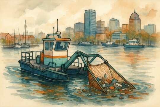 Waterway environmental cleanup vessel collecting debris with urban skyline reflection expressing commitment to sustainability and ecological responsibility