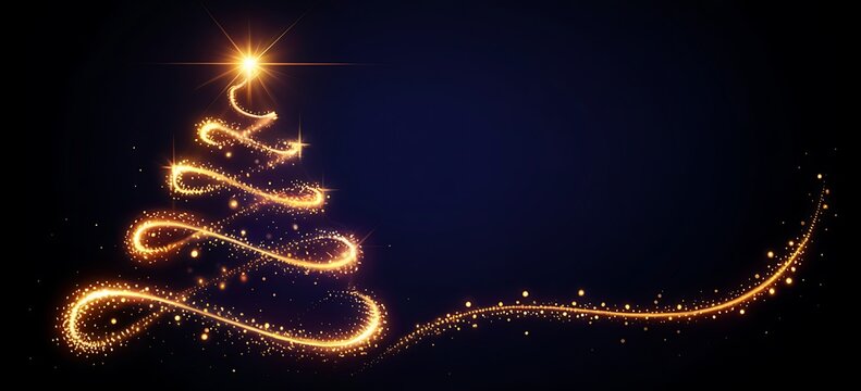 Abstract glowing golden light trails forming a christmas tree shape with sparkling particles on a dark blue background - Powered by Adobe
