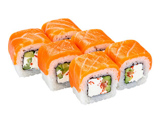 Sushi rolls with salmon isolated on white background, transparent PNG