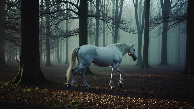 White horse walks gracefully through misty forest in cinematic setting. Majestic horse glides smoothly along leaf covered path, enhanced by ethereal mist and stark trees.