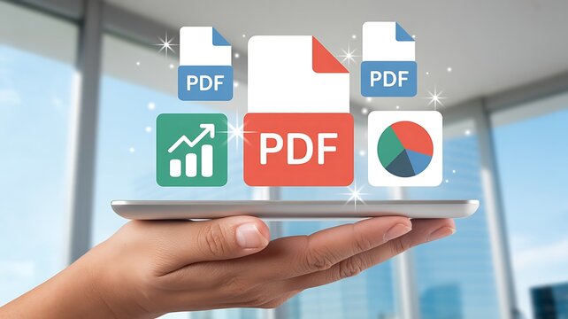 Hand holding tablet displaying pdf documents charts and graphs representing digital data and information management