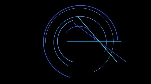 A mesmerizing dance of blue hues unfolds, with concentric circles and intersecting lines creating a captivating abstract composition on a black canvas