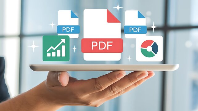 Digital document management concept with smartphone displaying pdf files charts and graphs in a modern office setting - Powered by Adobe
