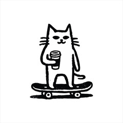 Cool cat skating with coffee in hand makes a stylish graphic tee or poster for animal lovers and skateboarders