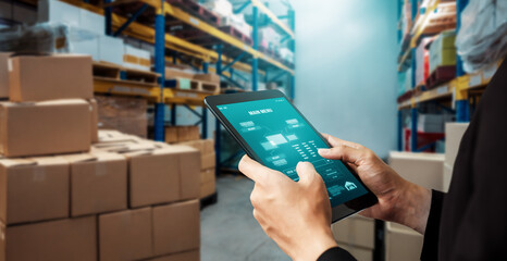 Warehouse management innovative software in computer for real time monitoring of goods package...