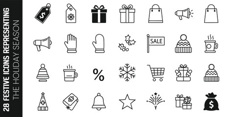Set of 28 black and white line art icons representing festive holiday season shopping and winter celebration elements