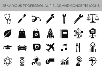 Collection of 28 various professional fields and concepts icons representing medicine, science, business, travel, and more, isolated on