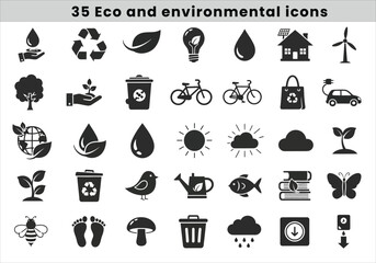 Set of 35 black eco and environmental icons including water drop, recycle, leaf, lightbulb, house, and wind turbine isolated on