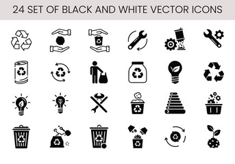 Set of 24 black and white vector icons related to recycling, waste management, sustainability, and environment concept