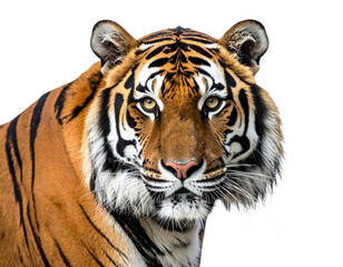 Fototapeta premium Close-up of a majestic tiger face isolated on white background, transparent PNG