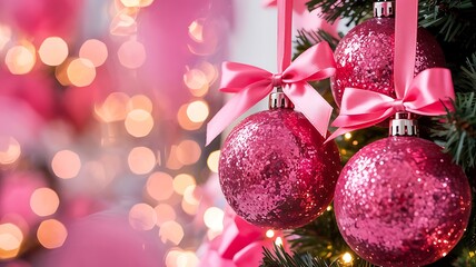 Close up of sparkly pink christmas ornaments with satin bows hanging on a decorated evergreen tree with bokeh lights