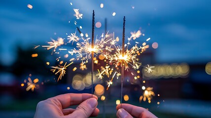 Close up of hands holding burning sparklers against a twilight sky creating a magical festive light show celebration