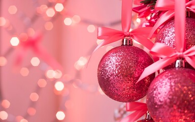 Close up of sparkly pink christmas ornaments and soft bokeh lights creating a festive and magical holiday atmosphere