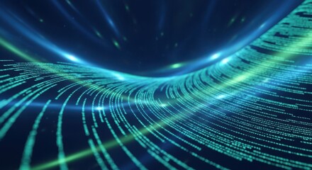 Abstract digital data stream flowing in a dark blue environment with bright green and blue light trails, representing technology, big data, and information flow in a futuristic concept