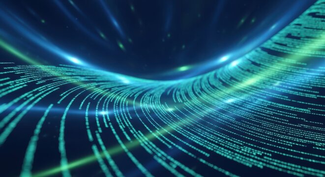 Abstract digital data stream flowing in a dark blue environment with bright green and blue light trails, representing technology, big data, and information flow in a futuristic concept