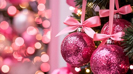 Close up of a festive christmas tree adorned with sparkling pink baubles and delicate ribbons creating a soft bokeh background