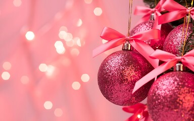 Close up of sparkly pink christmas ornaments with satin bows hanging on a decorated tree with soft bokeh lights in the background