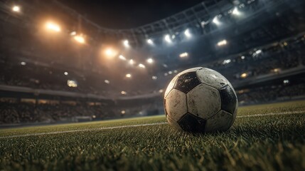 Soccer Ball Resting on Field with Stadium Lights at Night Football Field Green Grass Evening Illumination Sports Arena