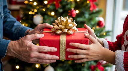 Hands exchanging a beautifully wrapped red christmas gift box with a golden bow in front of a glowing festive tree