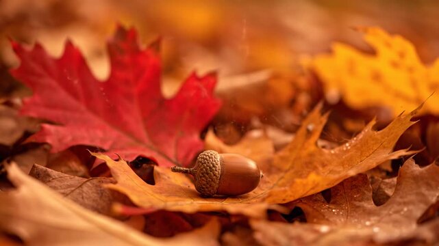 Golden maple and oak leaves create a vibrant autumn texture on the ground featuring seasonal orange and red foliage mixed with natural acorns and chestnuts in October