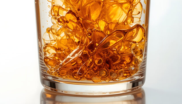 Golden bourbon artfully arranged in a glass, perfect for upscale bar promotions and whiskey ads, creating a sophisticated, luxurious, and inviting atmosphere
