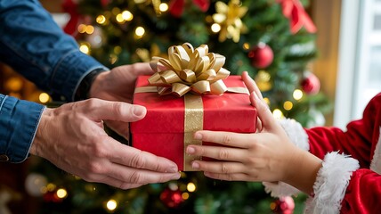 Generous adult hands pass a beautifully wrapped red christmas gift with a golden bow to a child s hands in front of a festive decorated tree