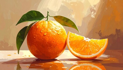 Digitally painted orange fruit with leaves and a slice, close-up