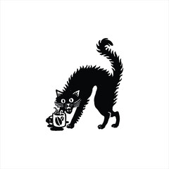 Spooky black cat protects morning coffee with vintage Halloween charm for unique graphic designs and seasonal promotions