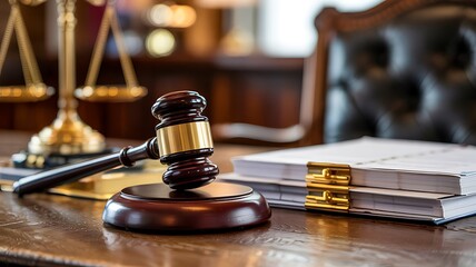 Gavel and scales of justice on a wooden desk in a courtroom with law books and chair