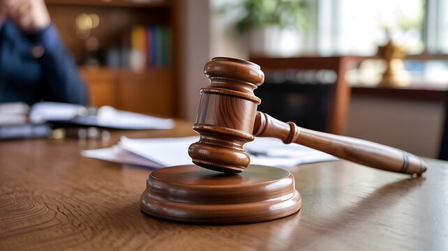 Close up of a wooden judge s gavel resting on a desk with legal documents and a blurred background of a courtroom or office