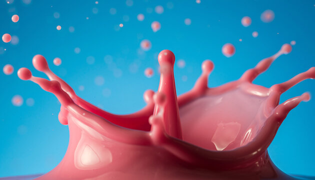 Pink smoothie splash with soft folds and droplets against bright blue background, creating fresh and dynamic visual with sense of motion and energy