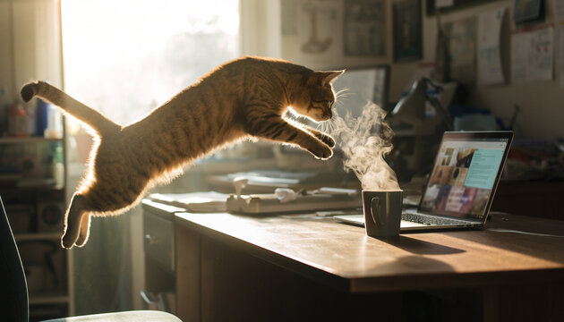 Cat jumping onto desk with coffee cup and open laptop, sunlight streaming through window, candid lifestyle moment, energetic, playful, home office scene