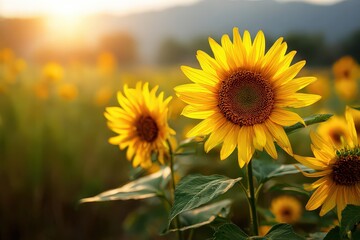 Fototapeta premium Golden Sunflowers in a Field at Sunset with Warm Lighting and Green Foliage Background and Soft Bokeh Landscape