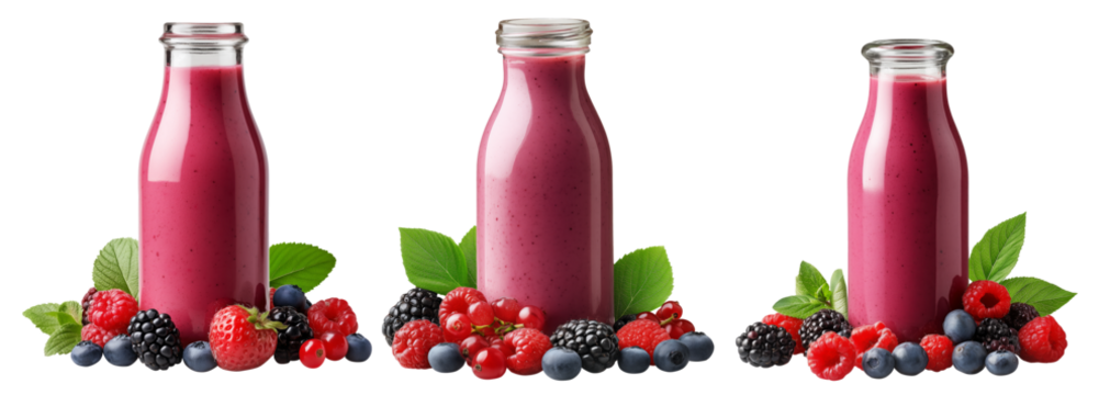 Glass bottle filled with dark red berry smoothie surrounded by strawberries, raspberries, blueberries, and green leaves