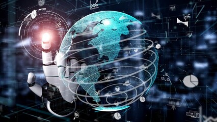 This stunning image features a robotic hand interacting with a holographic globe, showcasing dynamic data visualizations and technology advancements in a digital space. Xenic