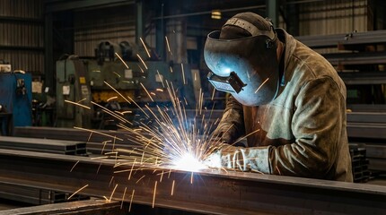 A skilled welder in full protective gear working with precision, bright sparks illuminating the scene inside a large industrial workshop