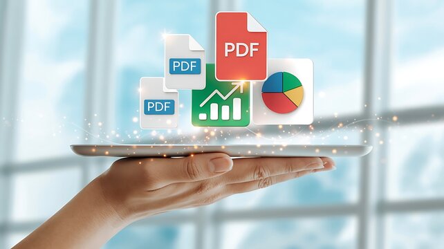 Hand holding a tablet displaying digital documents and charts representing data analysis and business information management