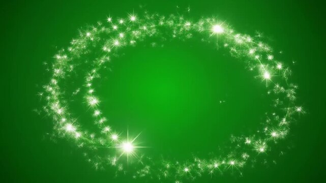 Bright white sparkling glitter trail forming an oval shape on a vibrant green background, creating a magical effect.