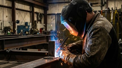 A skilled welder in full protective gear working with precision, bright sparks illuminating the scene inside a large industrial workshop