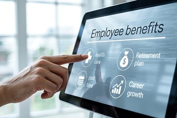 Close up of a person s hand interacting with a digital touchscreen displaying employee benefits information and icons