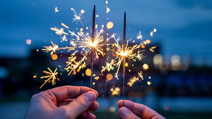 Close up of hands holding bright sparkling fireworks at dusk with a blurred background of buildings and sky