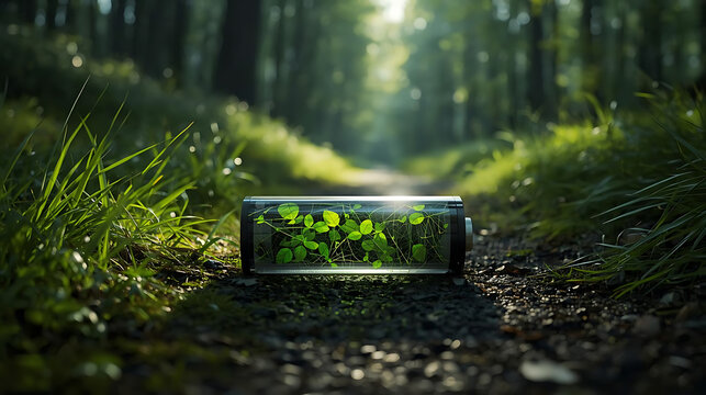 Green battery filled with leaves on a forest trail with dappled sunlight - Powered by Adobe