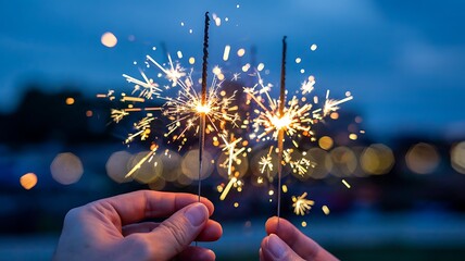 Close up of hands holding sparkling fireworks at dusk with bokeh lights in the background celebrating a festive occasion