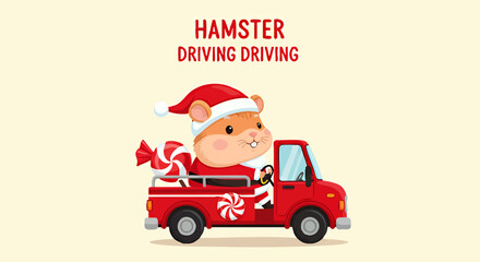 Cartoon hamster wearing a Santa hat driving a red pickup truck filled with candy canes.