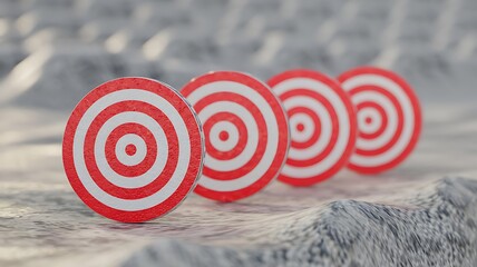 Row of red and white circular targets lined up on a sandy beach with blurred background