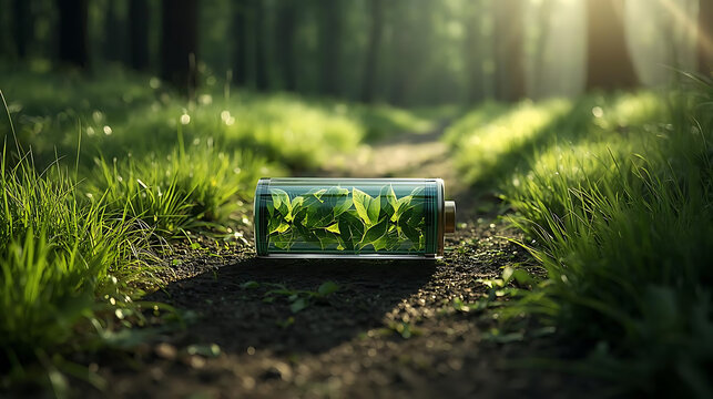 Green energy battery filled with leaves lying on a sunlit forest path