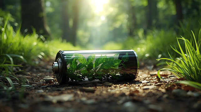 Green energy battery filled with leaves lying on a sunlit forest path - Powered by Adobe